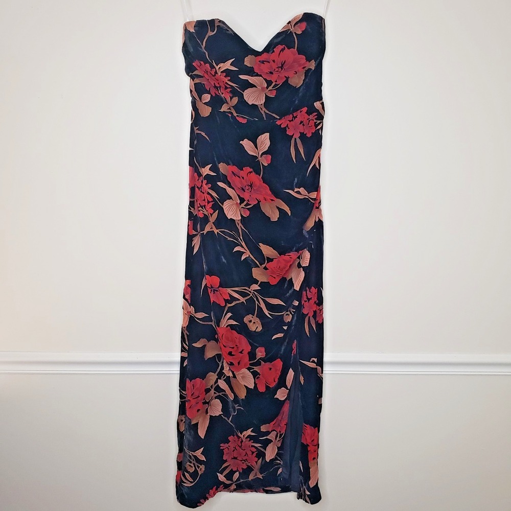 Lulus Velvet Burnout Strapless Gown Sz S Dress Floral Side Slit Formal Goth Vamp - Picture 2 of 16